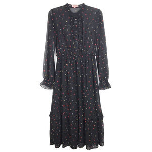 Re-named Tiered Midi Dress Long Sleeve Sheer Top Lined Skirt Black Floral Small